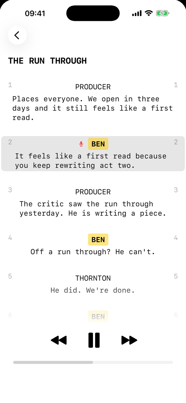 A scene running with playback controls, the reader waiting on a cue