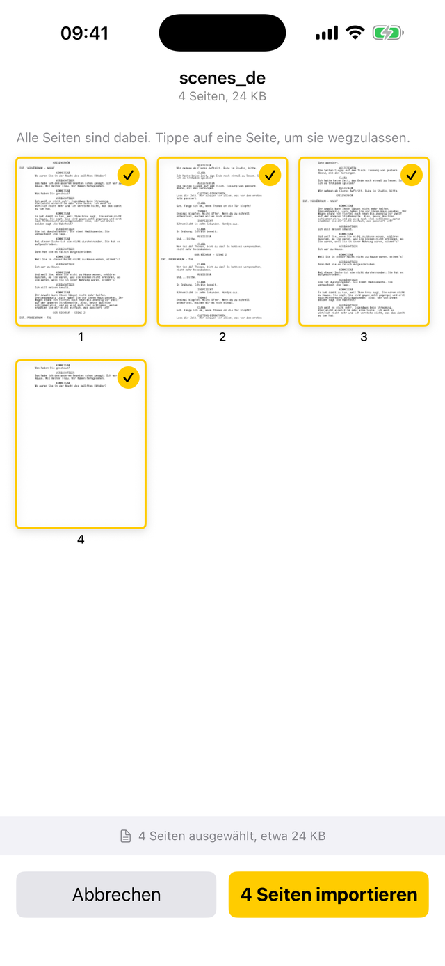 Import eines PDF-Drehbuchs in Scriptmate