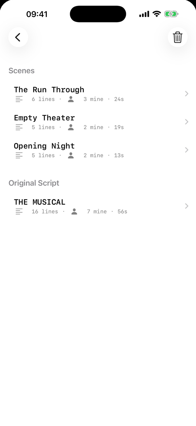 Scriptmate scene list, a script split into rehearsable scenes
