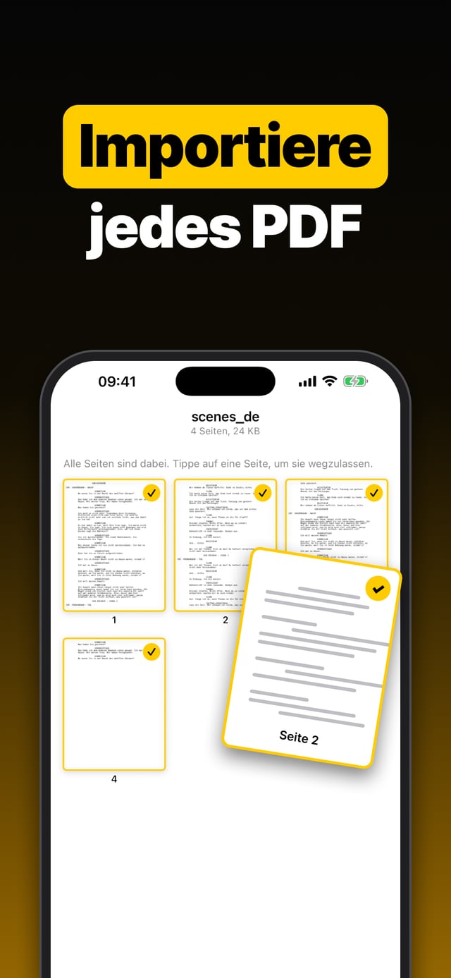 Importiere jedes PDF: die erkannten Seiten eines Drehbuchs, jede bereit zur Bestätigung