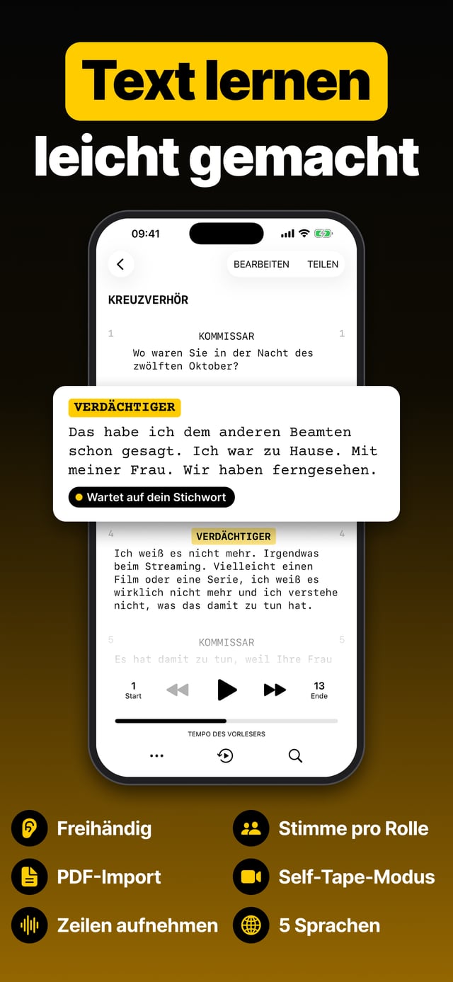 Text lernen leicht gemacht: eine laufende Szene in Scriptmate, die App wartet auf das Stichwort