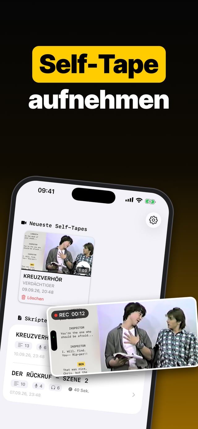 Self-Tape aufnehmen: ein aufgenommenes Self-Tape neben dem Skript, im Querformat