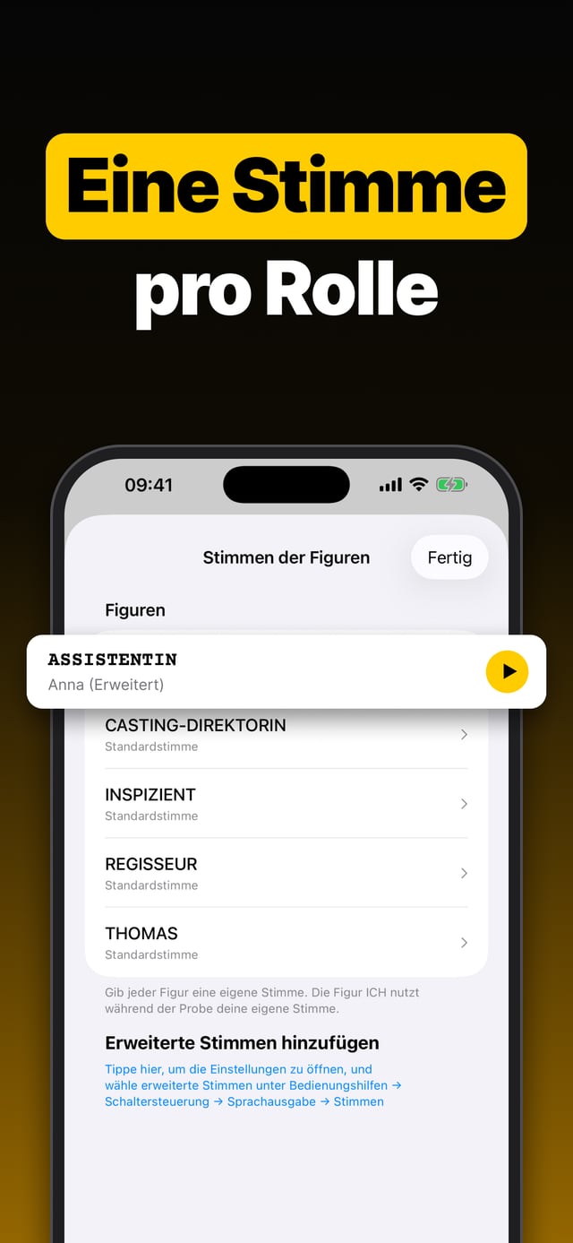 Eine Stimme pro Rolle: die Figurenliste, jeder Rolle ist eine eigene Stimme zugewiesen