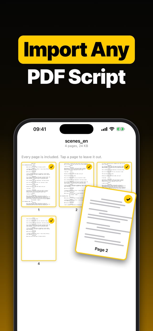 Import any PDF script: the parsed pages of a screenplay, each one ready to confirm