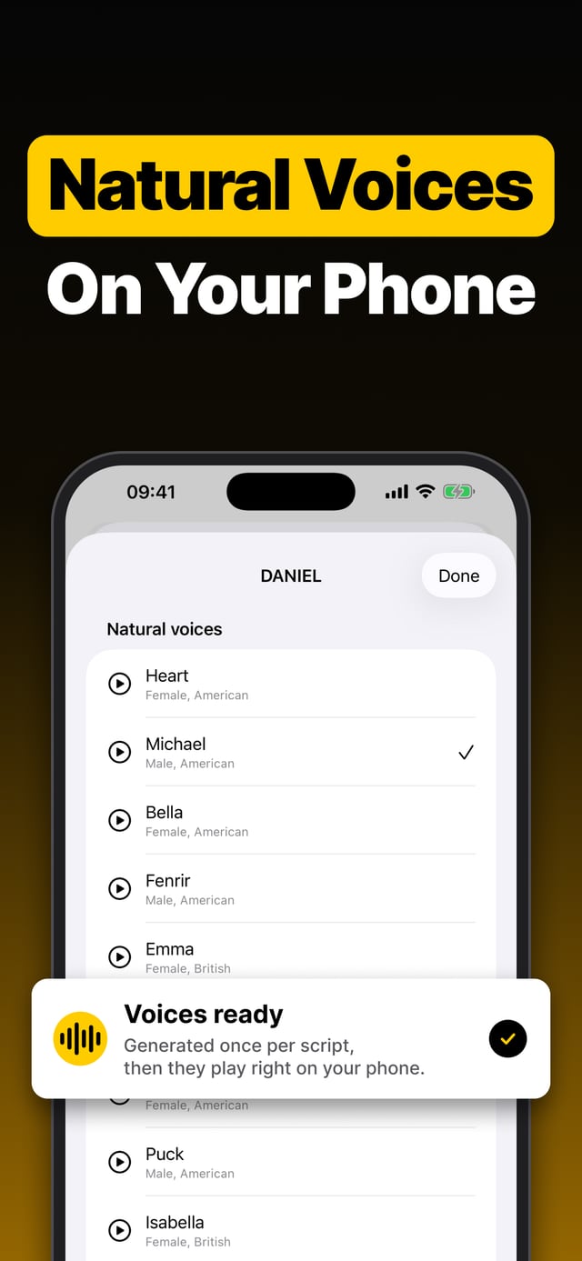 Natural voices on your phone: picking a natural voice for a character, generated once per script