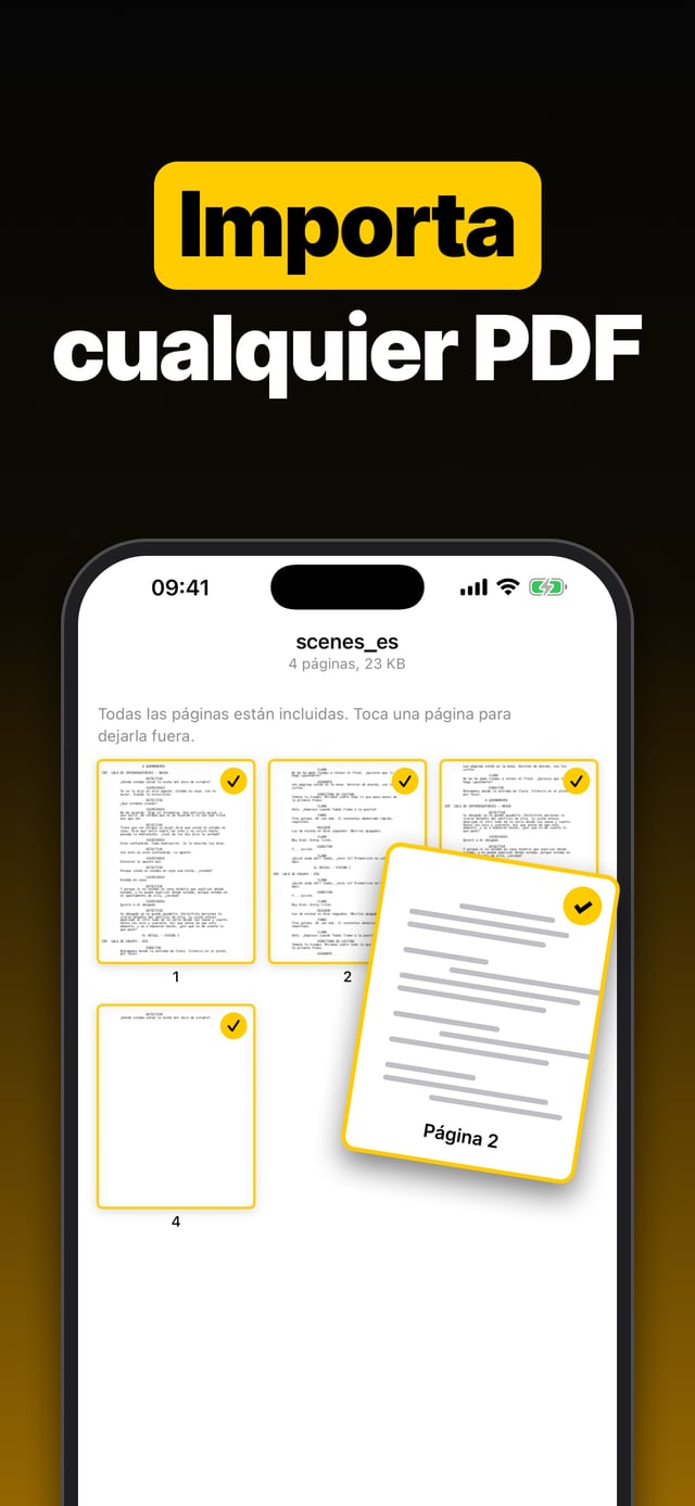 Importa cualquier PDF: las páginas analizadas de un guion, cada una lista para confirmar