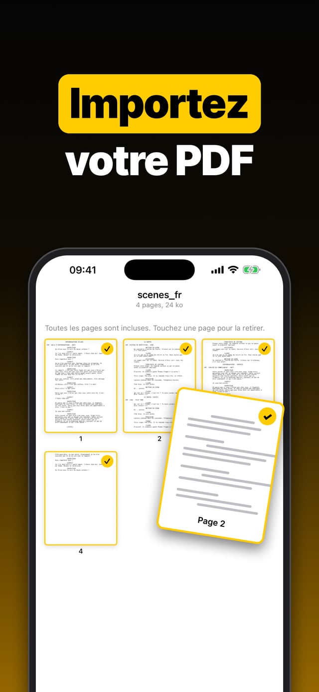 Importez votre PDF : les pages analysées d'un scénario, chacune prête à confirmer