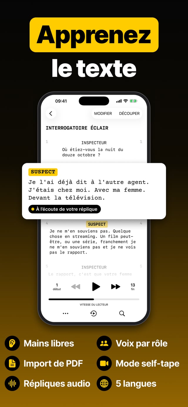 Apprenez le texte : une scène en cours dans Scriptmate, l'app attend la fin de la réplique