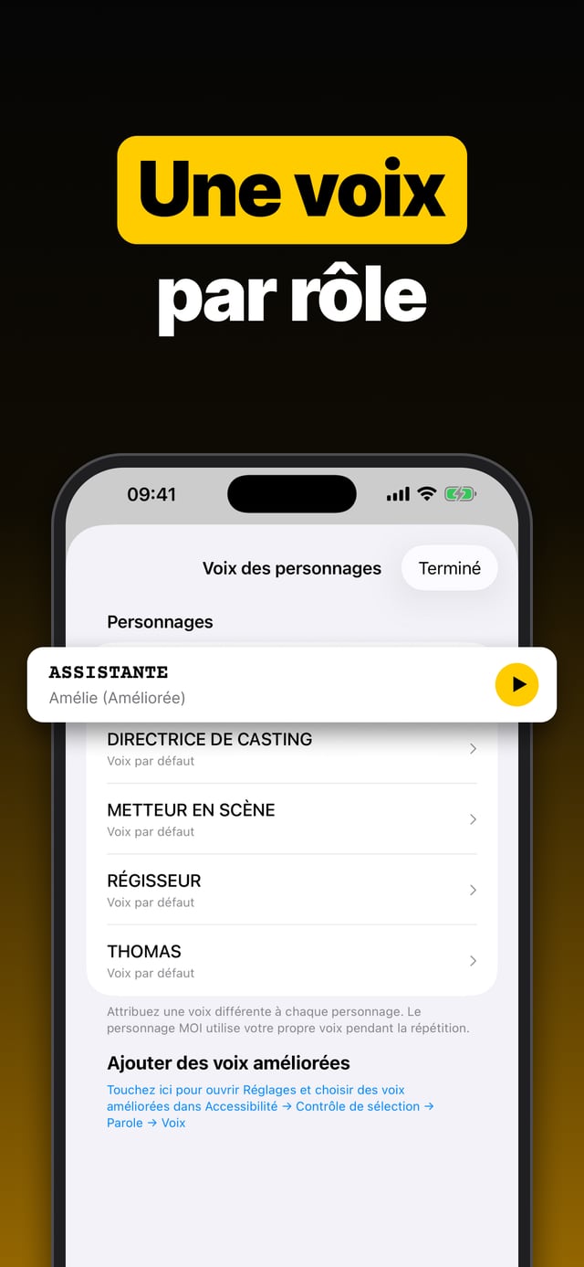 Une voix par rôle : la liste des personnages, une voix distincte attribuée à chacun