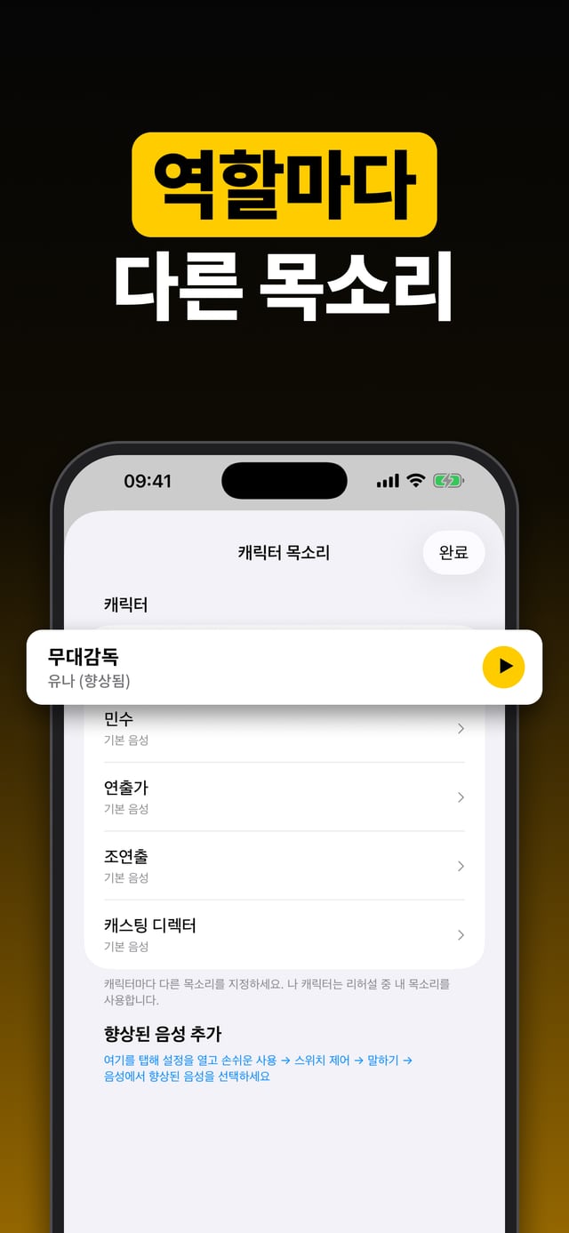 역할마다 다른 목소리: 배역 목록, 배역마다 다른 목소리가 지정된 모습